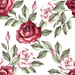 Seamless pattern with roses. Hand draw watercolor illustration