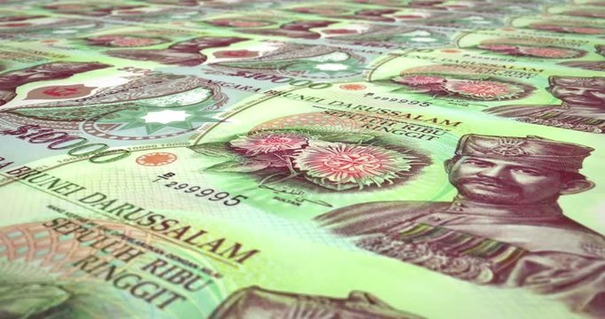 Banknotes of one thousand ringgits or bruneian dollars rolling, cash money, loop