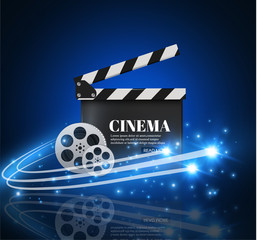 Cinema Background With Movie.Blue background with light star.Clapper Board. Vector Flyer Or Poster. Illustration Of Film Industry. Template For Your Design