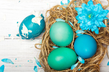 Easter background with eggs, nest and catkins, copy space
