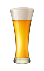 Cold beer in tall glass. Alcohol beverage in mug. Pint of gold lager with foam. Pub symbol. Excellent photo-realistic vector illustration isolated on white background