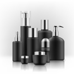 Blank templates of empty black and silver package for cosmetic products: tube and jar for cream, bottle for shampoo, soap with pump, foam, deodorant, hair spray. Realistic mockup of plastic containers