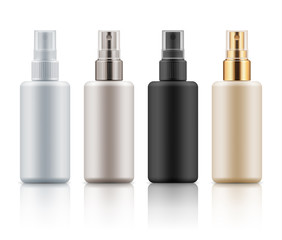 Set with realistic blank templates of plastic spray bottles. Mockup of cosmetic packages - empty and clean plastic containers: moisture lotion, essence or cream. Vector illustration isolated on white