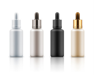 Set of realistic glass bottles with dropper. Cosmetic flask or vials for organic aroma oil, anti-aging essential, collagen serum for beauty. Mock up vector flacons illustration isolated on white