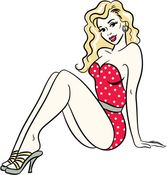 Retro 1950s Pinup Girl sitting in a vintage swimsuit Stock Vector | Adobe  Stock
