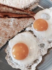 Breakfast fried eggs with white unbuttered toast