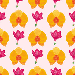 Hand drawn flower seamless pattern wallpaper with print ornament decoration and floral graphic art nature drawing vector illustration.