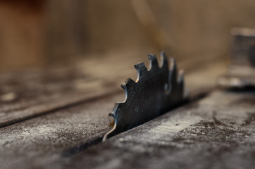 Blade of the circular saw. Selective focus