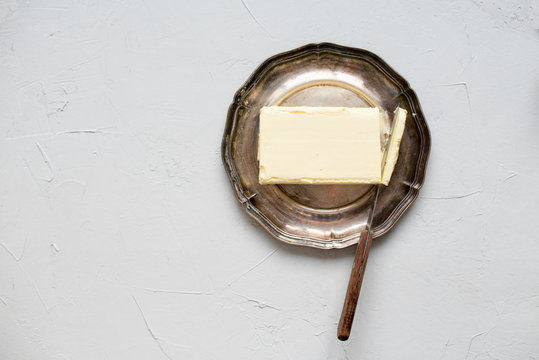 Grey Table Bricket Butter Silver Plate Top View