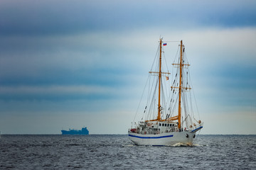 Obraz na płótnie Canvas White sailing ship coming from Baltic sea, Europe