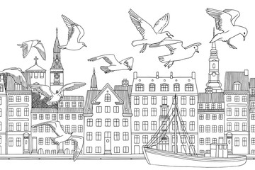 Birds over Copenhagen - hand drawn black and white illustration of the city with seagulls