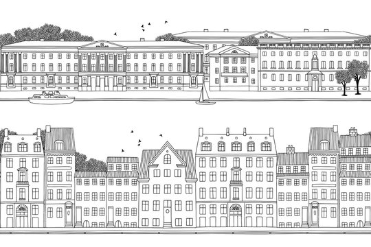 Two hand drawn seamless city banners - Helsinki & Copenhagen style houses