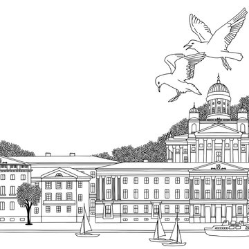 Hand drawn black and white illustration of Helsinki, Finland with empty space for text