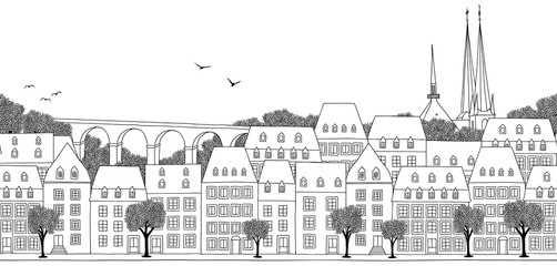 Obraz premium Luxembourg City, Luxembourg - Seamless banner of the city’s skyline, hand drawn black and white illustration