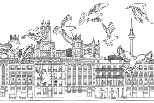 Birds over Madrid - hand drawn black and white illustration of the city with a flock of pigeons
