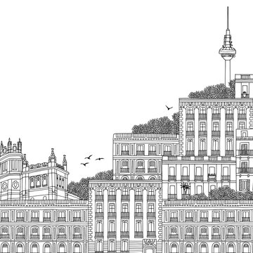 	
Hand drawn black and white illustration of Madrid, Spain, with TV Tower in the background and part of the Palace at Plaza de Cibeles, with empty space for text