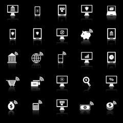 Online banking icons with reflect on black background