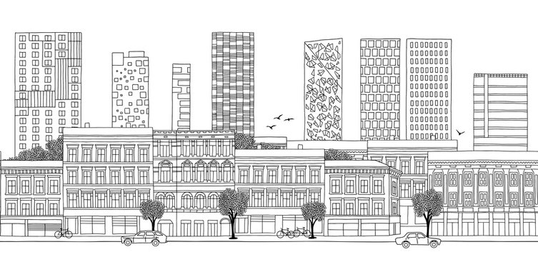 Oslo, Norway - Seamless banner of the city’s skyline, hand drawn black and white illustration