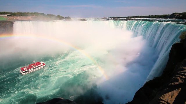 Boat Full of Tourists Gets Sprayed by Horseshoe Waterfall Under Rainbow in Niagara Falls Ontario Canada