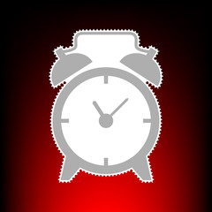 Alarm clock sign. Postage stamp or old photo style on red-black gradient background.