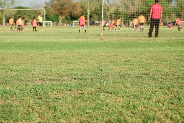 Obraz na płótnie Canvas Blur of young kids playing a soccer training match outdoors 