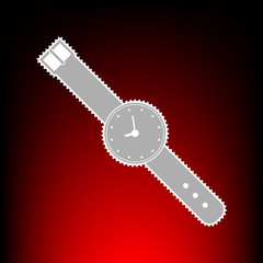 Watch sign illustration. Postage stamp or old photo style on red-black gradient background.