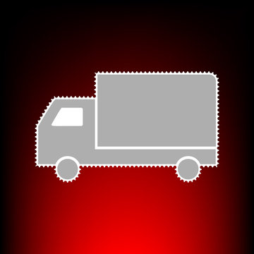 Delivery sign illustration. Postage stamp or old photo style on red-black gradient background.
