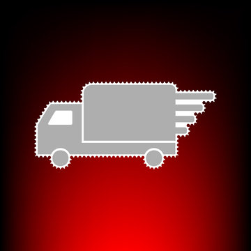 Delivery sign illustration. Postage stamp or old photo style on red-black gradient background.