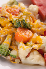 Vegetable Primavera with white sauce and shredded cheese with corn on the cob and slice of watermelon macro shot