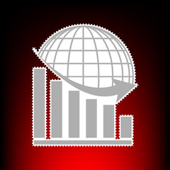 Declining graph with earth. Postage stamp or old photo style on red-black gradient background.