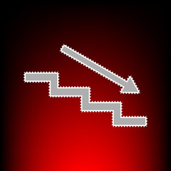 Stair down with arrow. Postage stamp or old photo style on red-black gradient background.