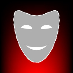 Comedy theatrical masks. Postage stamp or old photo style on red-black gradient background.