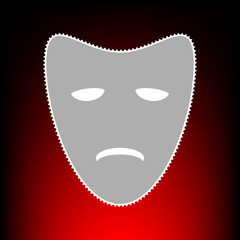 Tragedy theatrical masks. Postage stamp or old photo style on red-black gradient background.