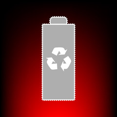 Battery recycle sign illustration. Postage stamp or old photo style on red-black gradient background.