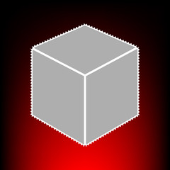 Cube sign illustration. Postage stamp or old photo style on red-black gradient background.