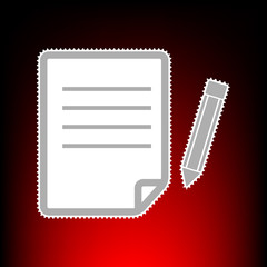 Paper and pencil sign. Postage stamp or old photo style on red-black gradient background.