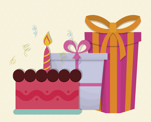 cake and gift boxes. happy birthday concept. colorful design. vector illustration
