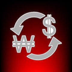 Currency exchange sign. South Korea Won and US Dollar. Postage stamp or old photo style on red-black gradient background.