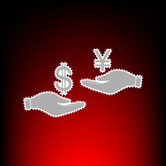 Currency exchange from hand to hand. Dollar and Yen. Postage stamp or old photo style on red-black gradient background.