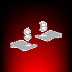 Currency exchange from hand to hand. Dollar and Bitcoin. Postage stamp or old photo style on red-black gradient background.