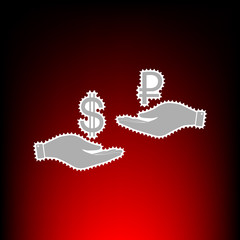 Currency exchange from hand to hand. Dollar and Rouble. Postage stamp or old photo style on red-black gradient background.