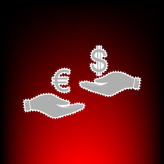 Currency exchange from hand to hand. Euro and Dollar. Postage stamp or old photo style on red-black gradient background.