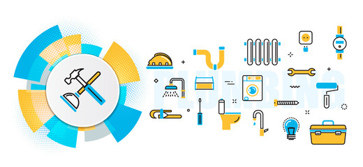 Flat line vector design concept of plumbing and handyman service, house problems, painting, repair banner for website header and landing page in circles digital element, linear, timeline, infographics