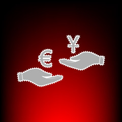 Currency exchange from hand to hand. Euro and Yuan. Postage stamp or old photo style on red-black gradient background.