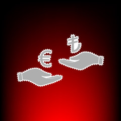Currency exchange from hand to hand. Euro and Lira. Postage stamp or old photo style on red-black gradient background.