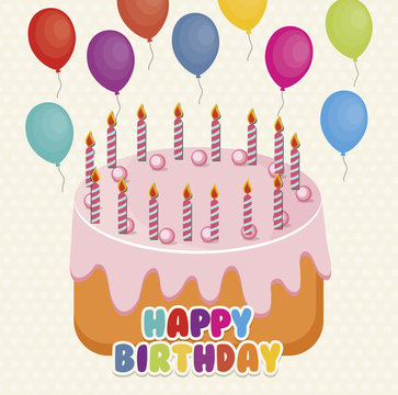 happy birthday card with cake and balloons icon. colorful design. vector illustration