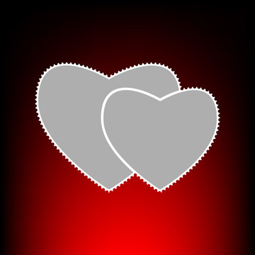 Two hearts sign. Postage stamp or old photo style on red-black gradient background.