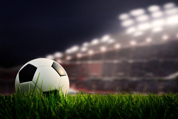soccer field and stadium with fans the night before the match, soccer stadium, soccer match, soccer on grass.