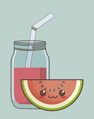 kawaii watermelon fruit and glass of juice over blue background. colorful design. vector illustration