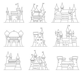 Castles and fortresses flat design vector icons. Set of 9 illustrations of ruins, mansions, palaces, villas and other medieval buildings.